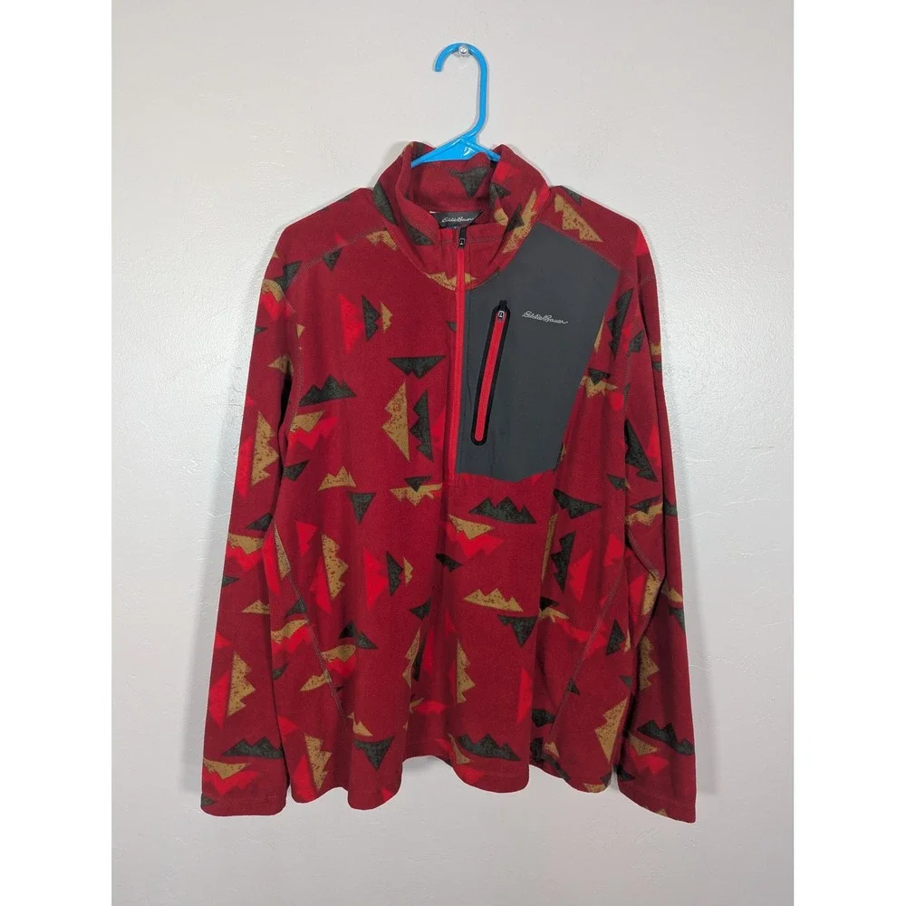 Eddie Bauer First Ascent Mens XL Red Geometric Mountain Print Fleece Quarter Zip